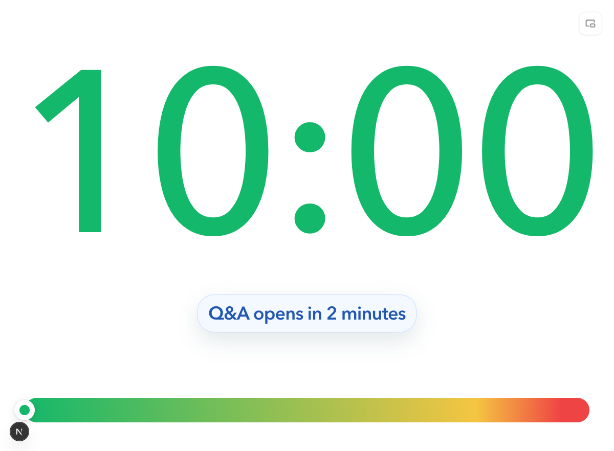 PresentationTimer Display View with a large timer and room-wide live message